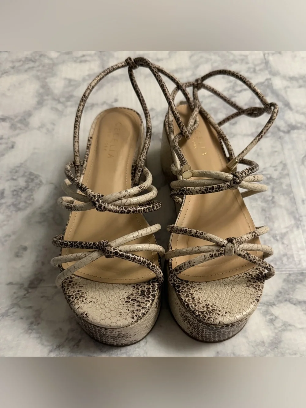 CECILIA NY Cream Snake-Print Chunky Platform Sandals Strappy Tie Summer Size 9
